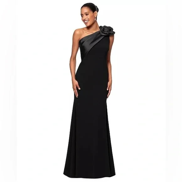 Betsy & Adam Black Rosette One-Shoulder Crepe Mermaid Gown Size 16 $269