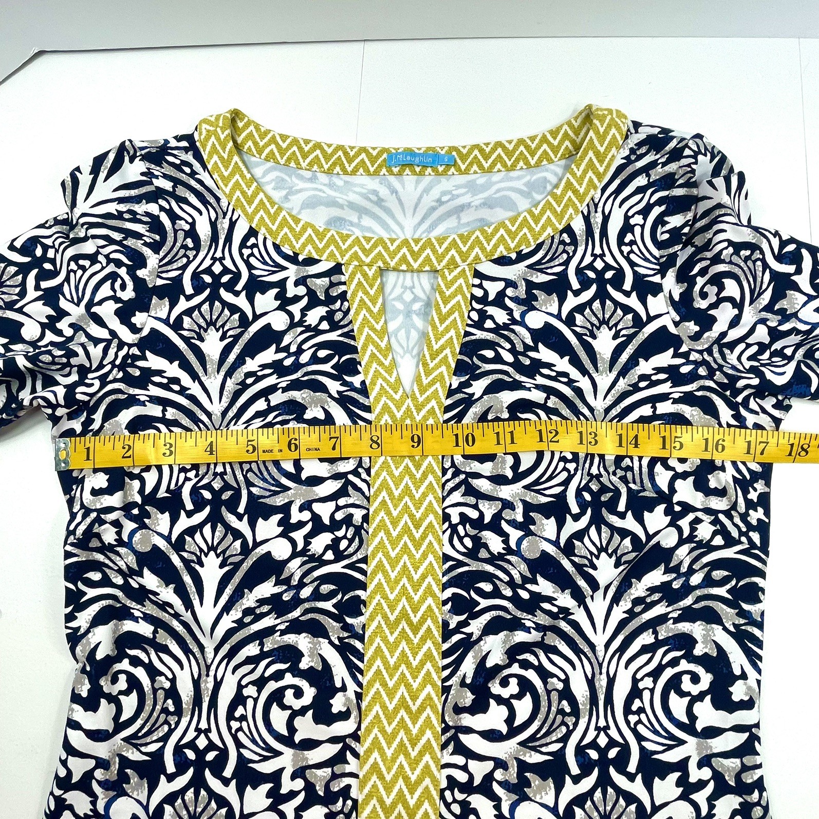 J. MCLAUGHLIN Catalina Cloth Dress Blue White Scroll Yellow Cheveron Size Small