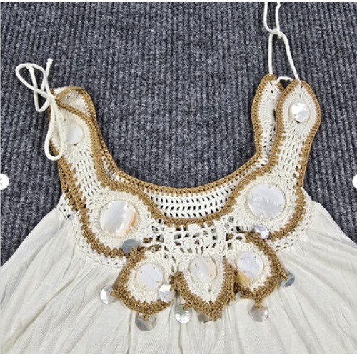 Soft Surroundings Dress Womens TS Cream Crochet Maxi Shell Beaded Boho Beachy