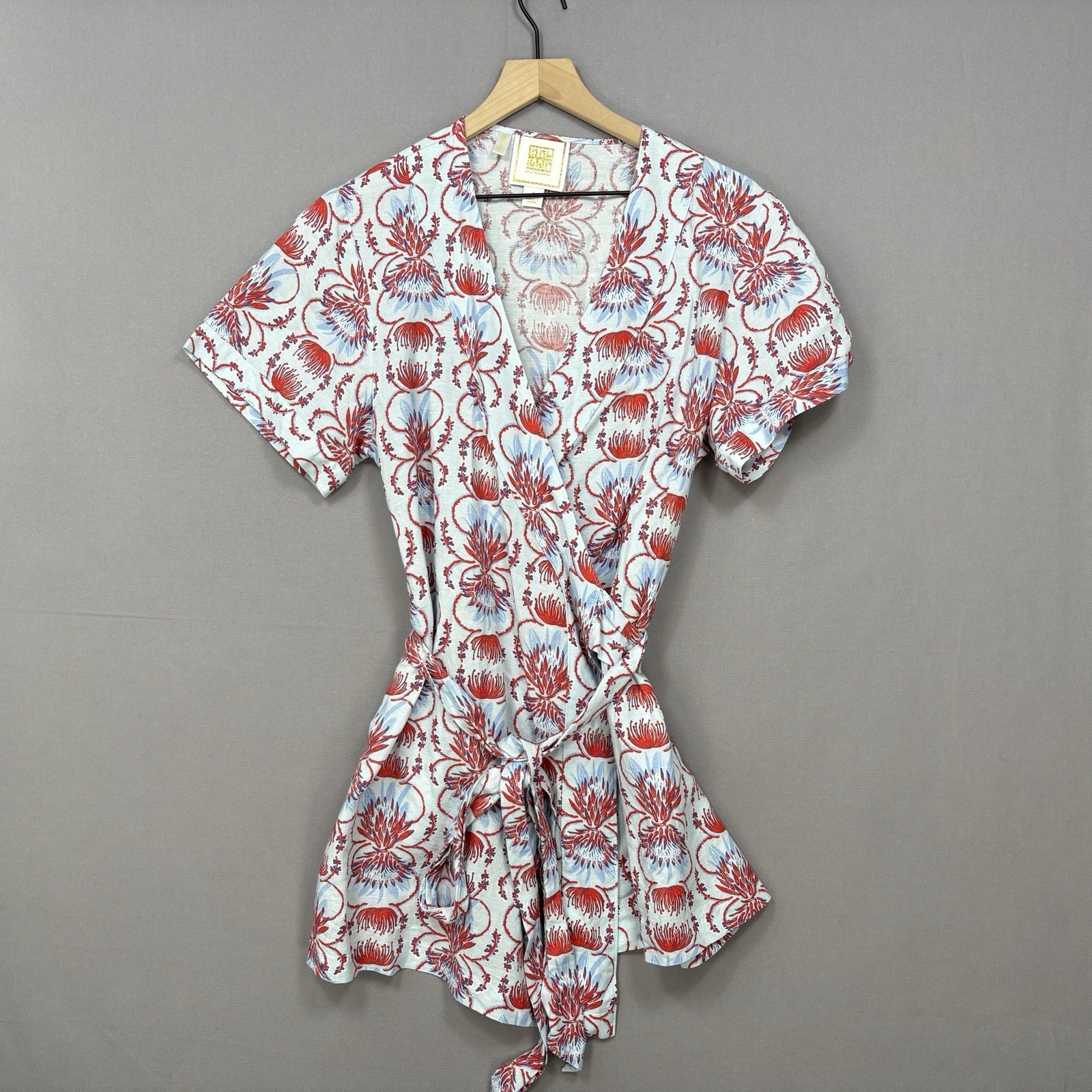Emily McCarthy Floral Wrap Mini Dress Womens S Red Blue Linen Blend Tie Waist