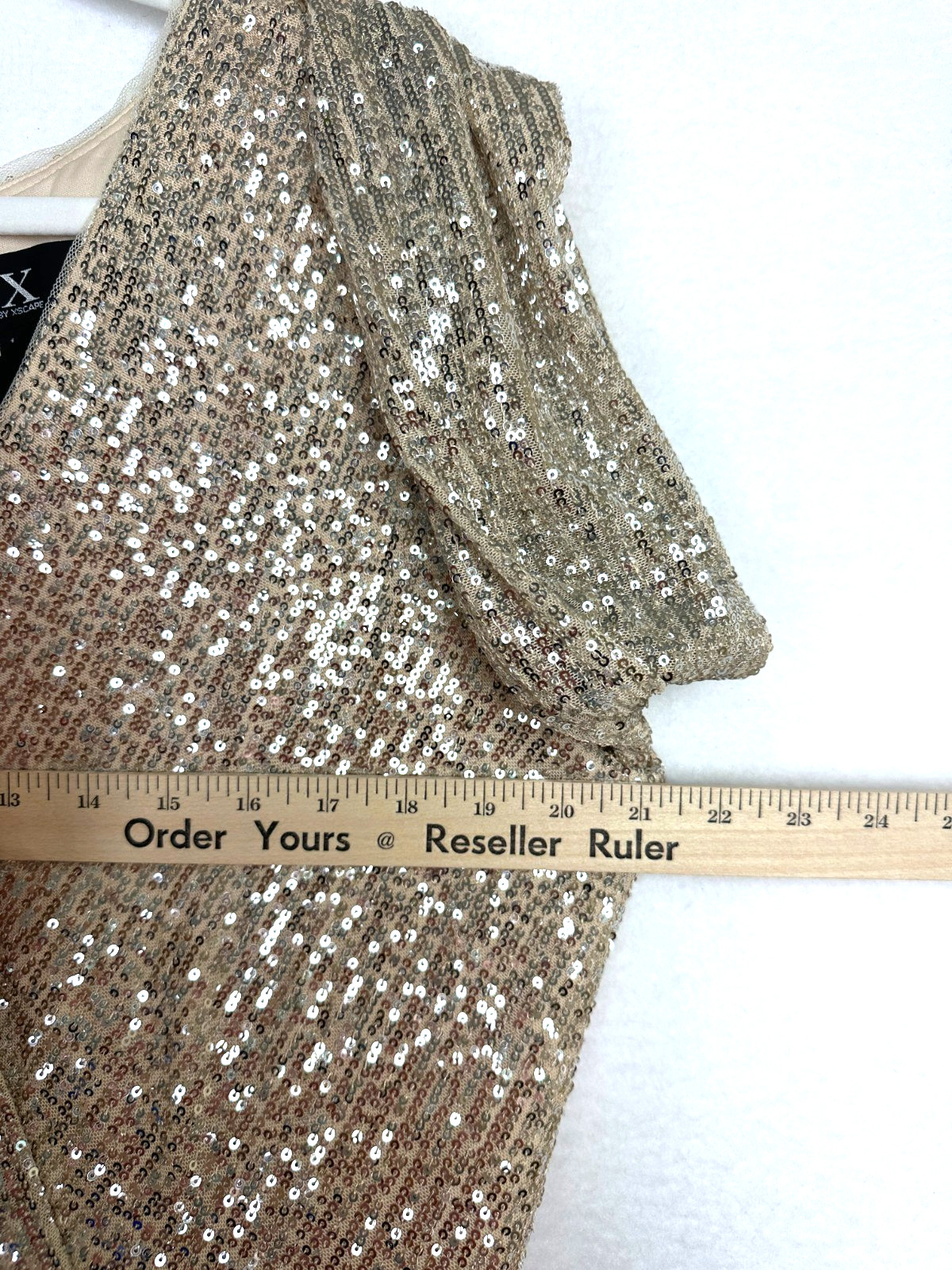 Xscape Sequin Gown 16 Black Silver Nude Ruffled Ruched Long Sleeve NWT $189