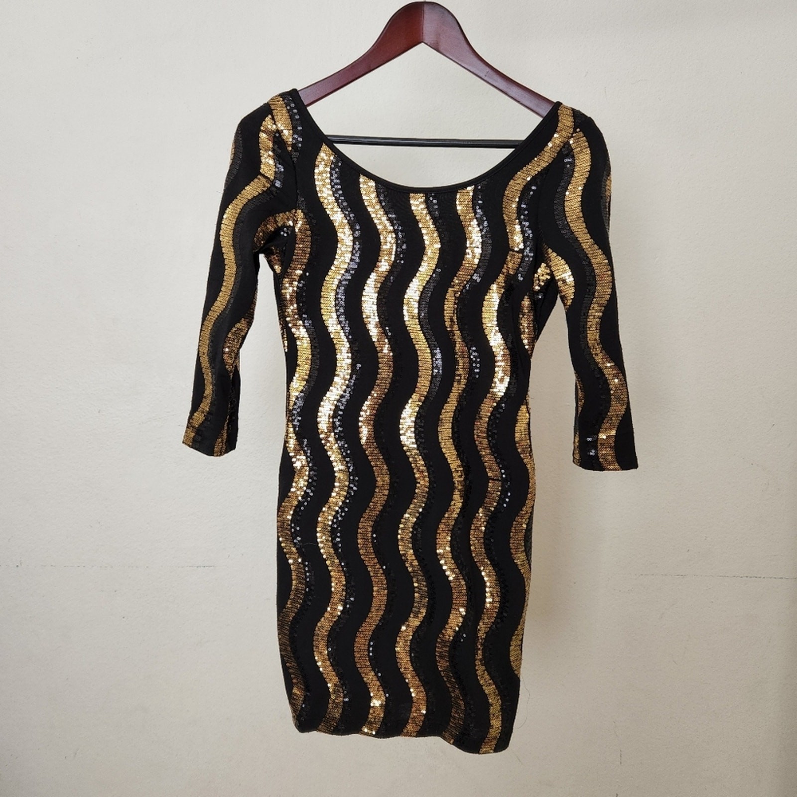 Foreign Exchange Black & Gold Sequin Bodycon Mini Dress – Size M – Retro Disco