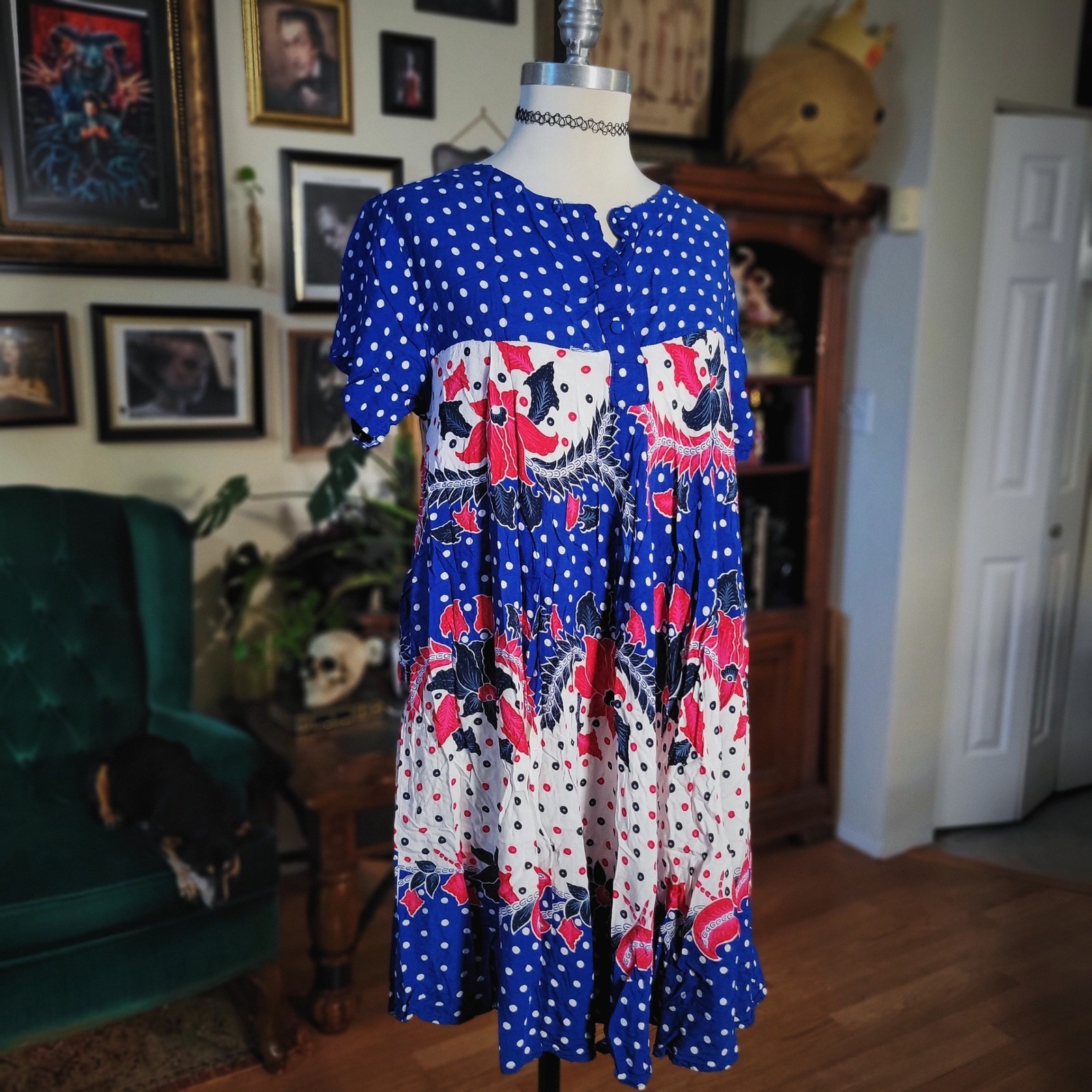 Vintage 80s Aladdin Batik Blue Floral Blue Polka Dot Midi Dress Women