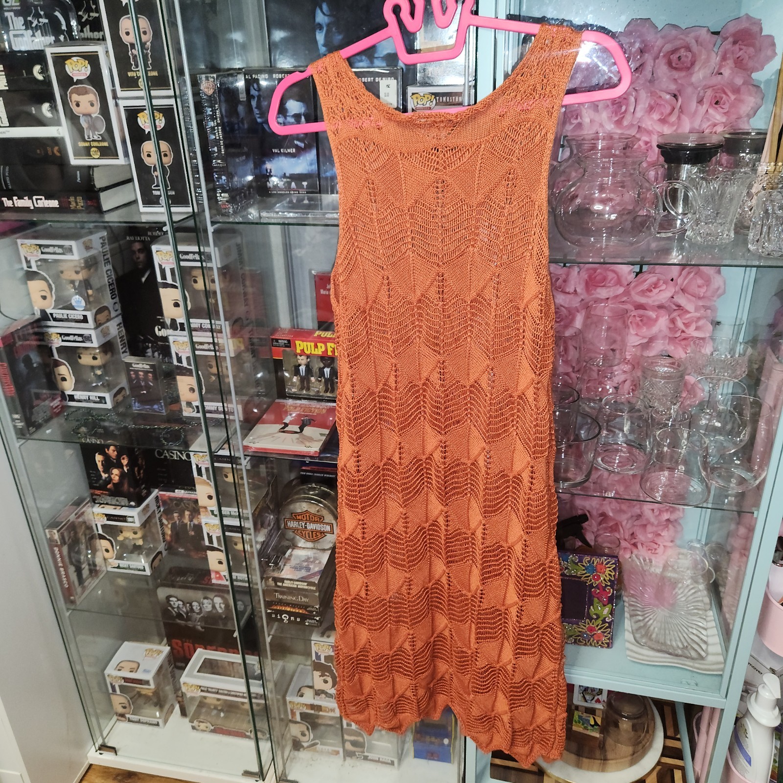 Orange Rust Pointelle Knit Crochey Chevron Mini Dress Cover Up Size Medium