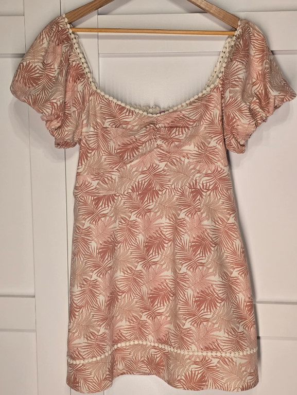 Mi Ami for Francesca’s Womens L Palm Print Dress Off Shoulder Puff Sleeve Mini
