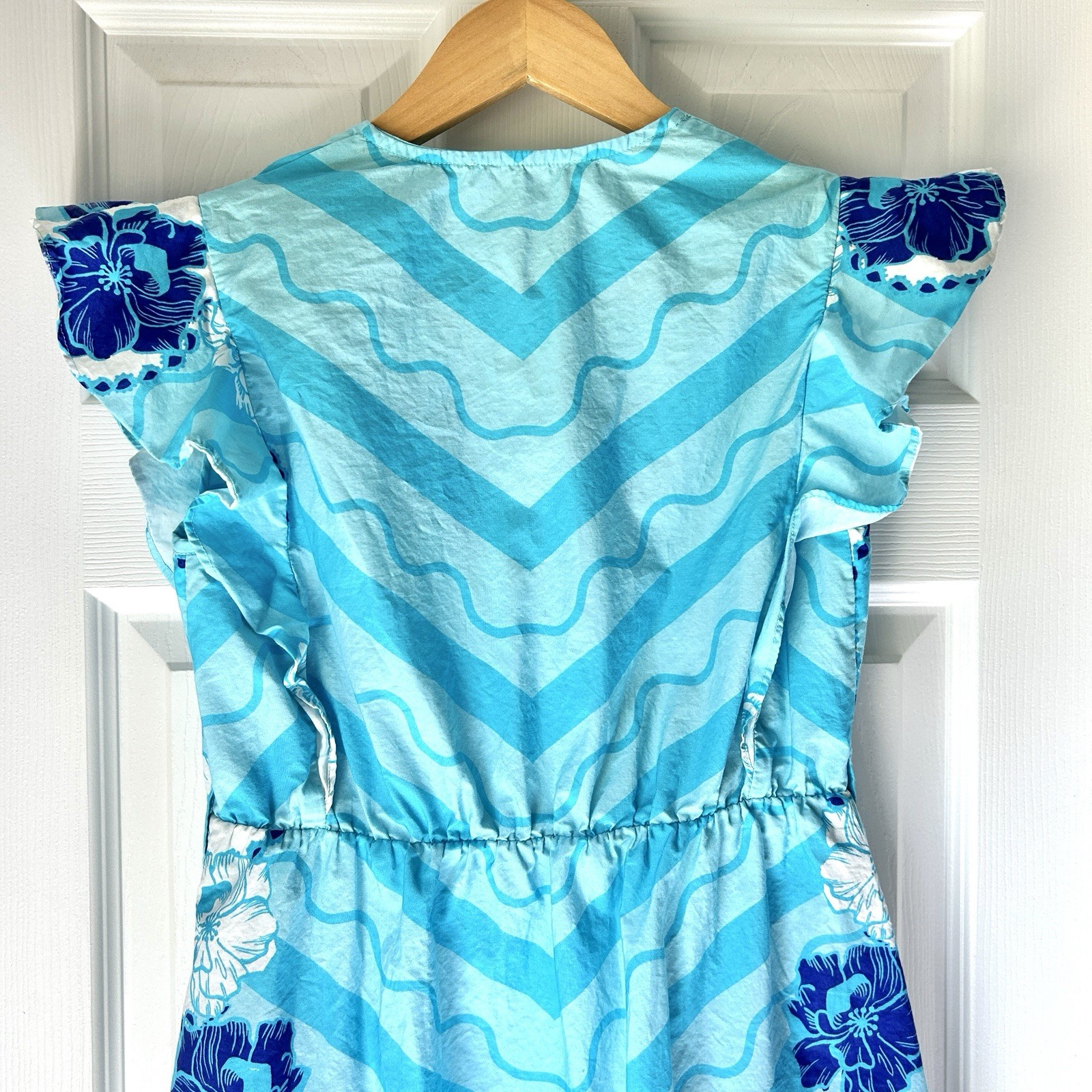 Celina Moon Midi Blue Hawaiian Flower Dress Sz Small EUC Resortwear Travel