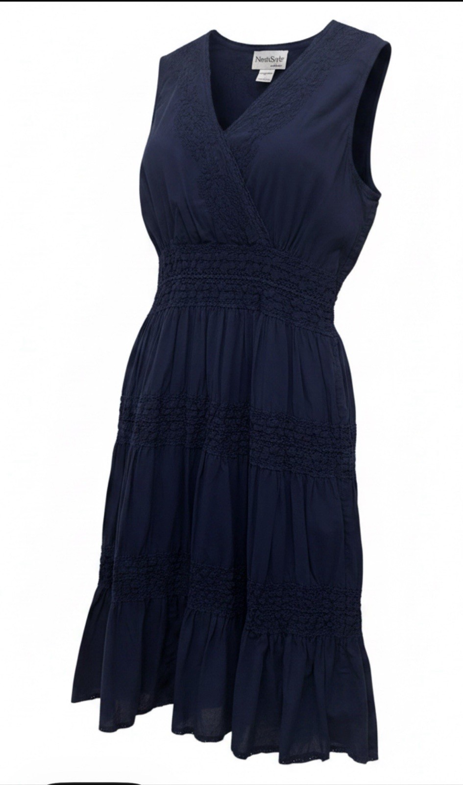NorthStyle Blue Solid V-Neck Sleeveless Cotton Lace Embroidered A-Line Midi XL