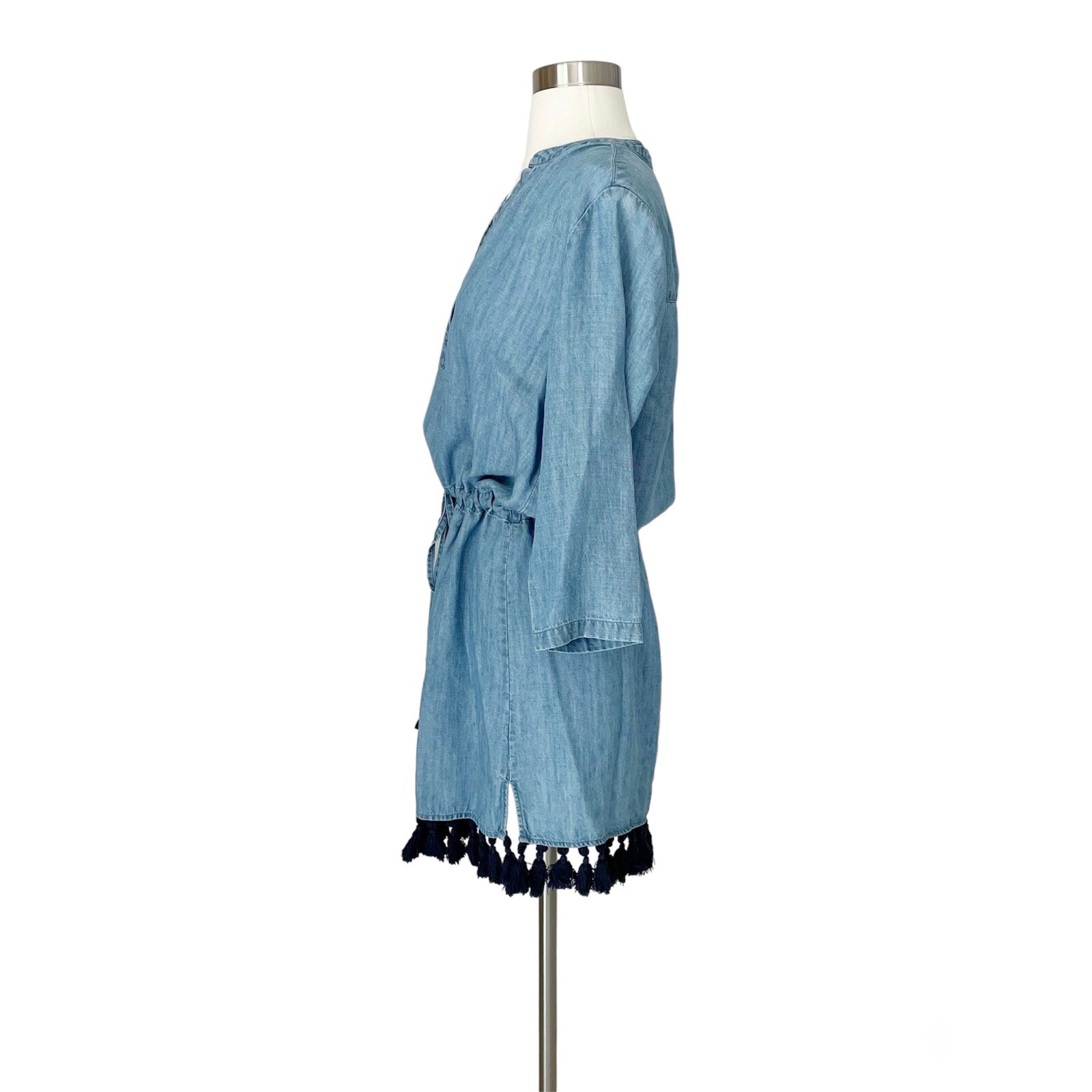 Rails Dress S Blue Chambray Denim Tassel Fringe Trim Tunic Shift V-neck Cinch
