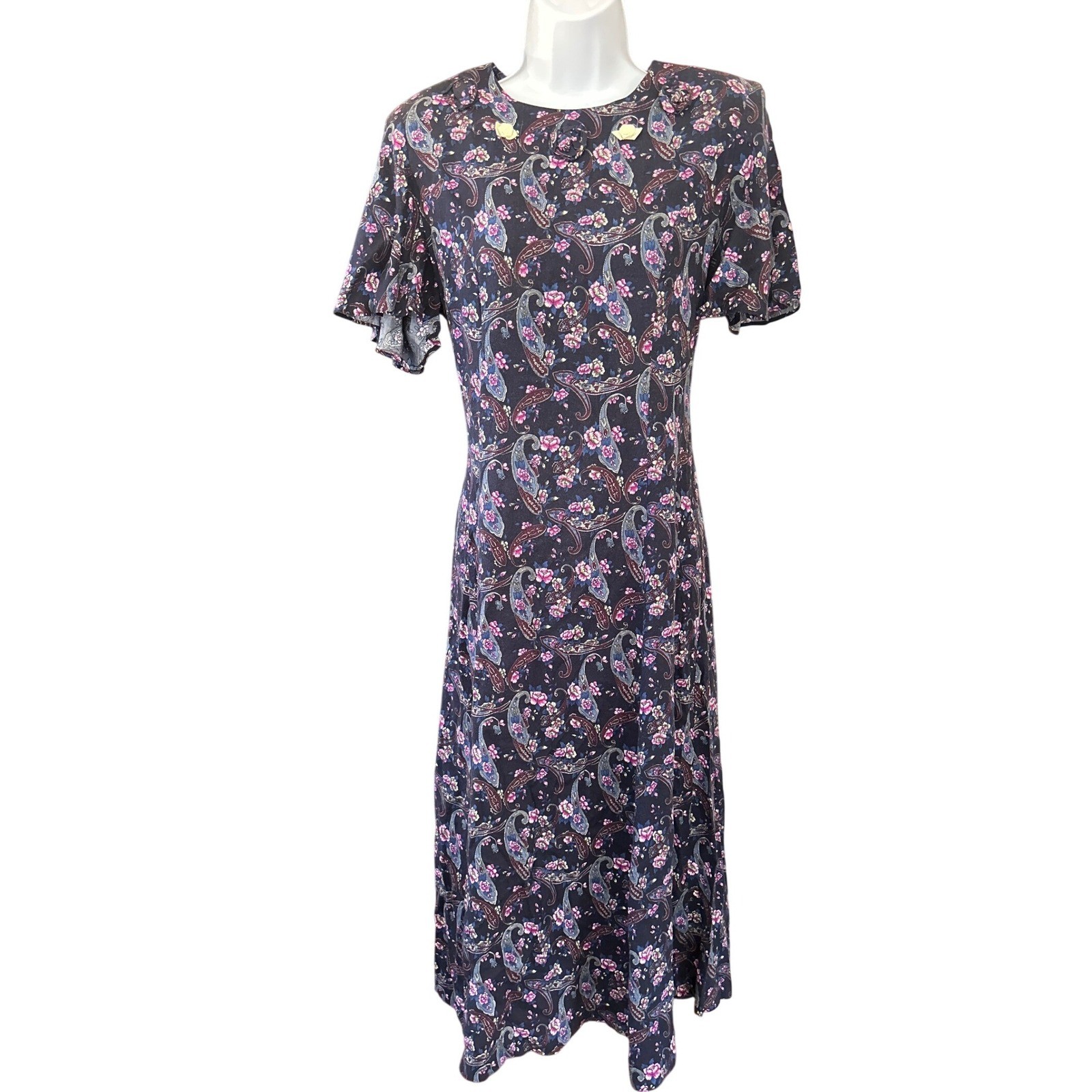 Vintage 90s Kathie Lee Purple Floral Paisley Cottagecore Midi Dress Prairie