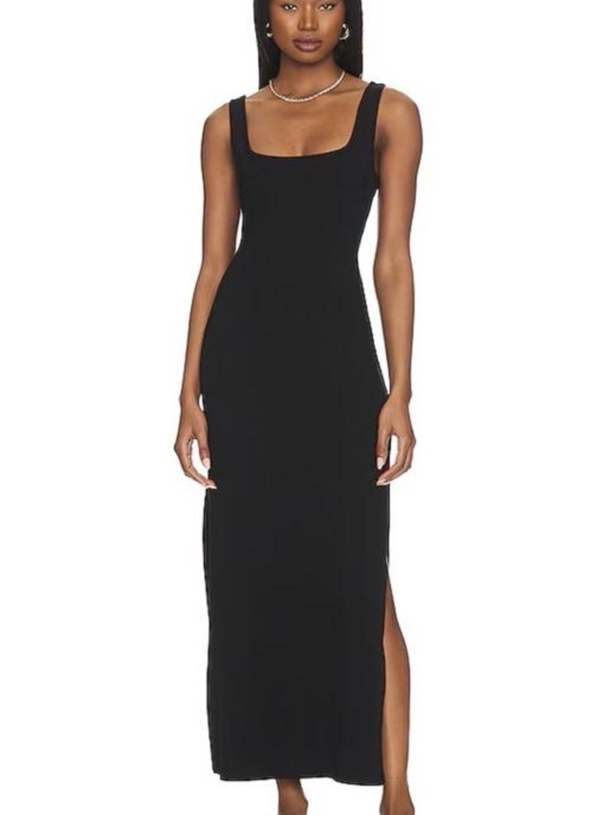 L*Space Women’s Black Solid Ribbed Knit Maxi Dress Square Neck Cut Out Slit M