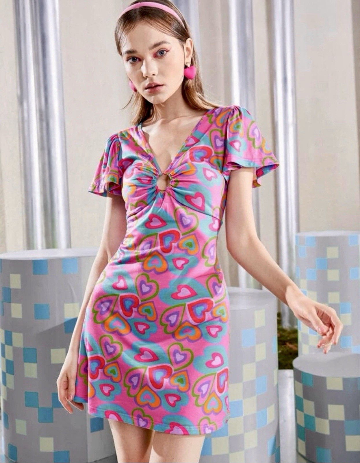 Blue Purple Heart Print Dress Small New Retro Style 70’s Colorful Rainbow