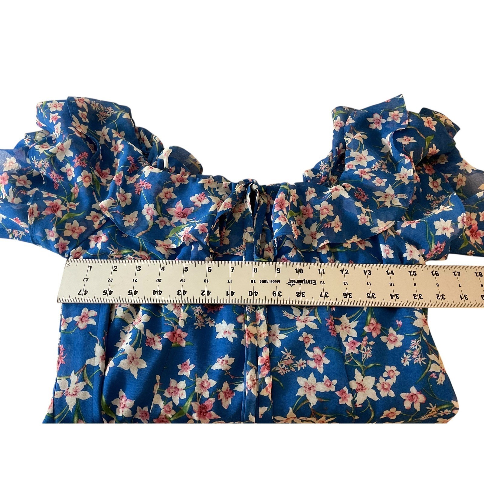 Roz & Ali Blue Floral Ruffle Sleeve Tie Neck Shift Dress Womens Size 8