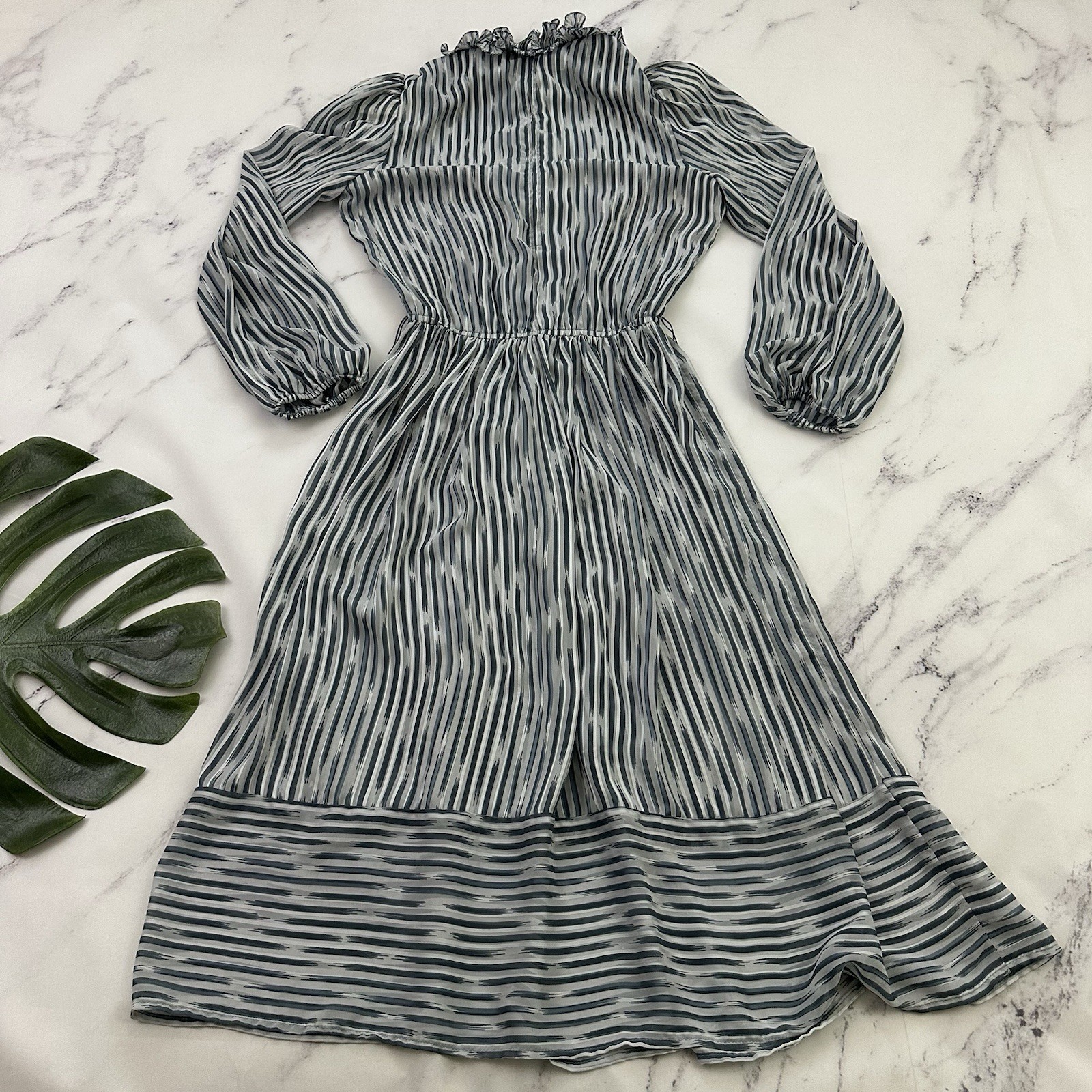 Connections Womens Vintage 80s Blouson Dress Size M Gray Silver Stripe Sheer