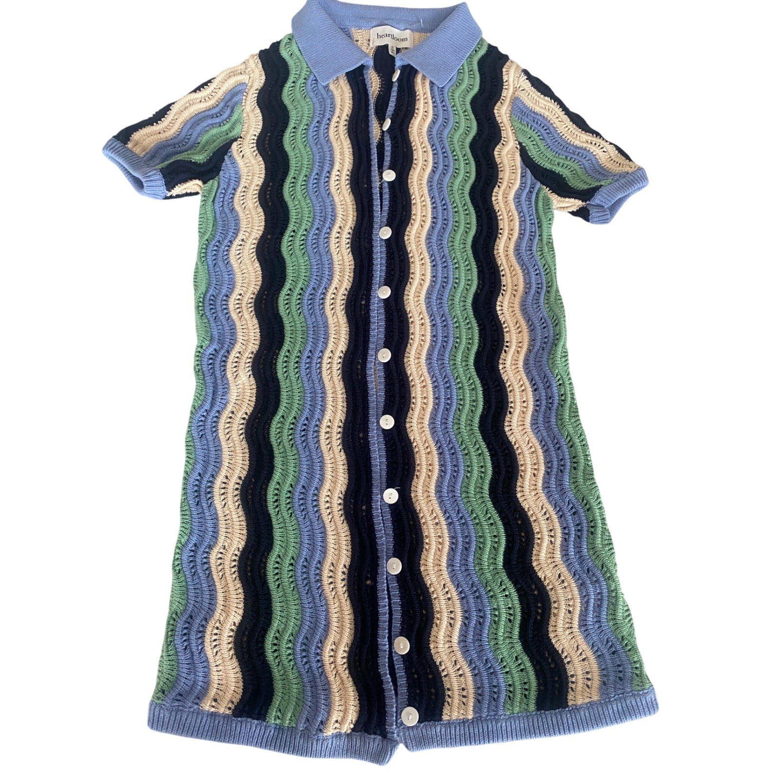Heartloom Blue Green Wave Crochet Knit Button Front Polo Mini Dress Small