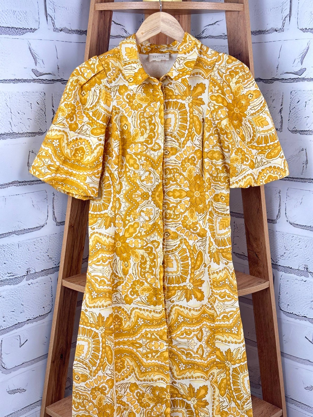 Sezane Paris Etia Pattern Short Sleeve Dress Cotton Linen Long Yellow Size 38