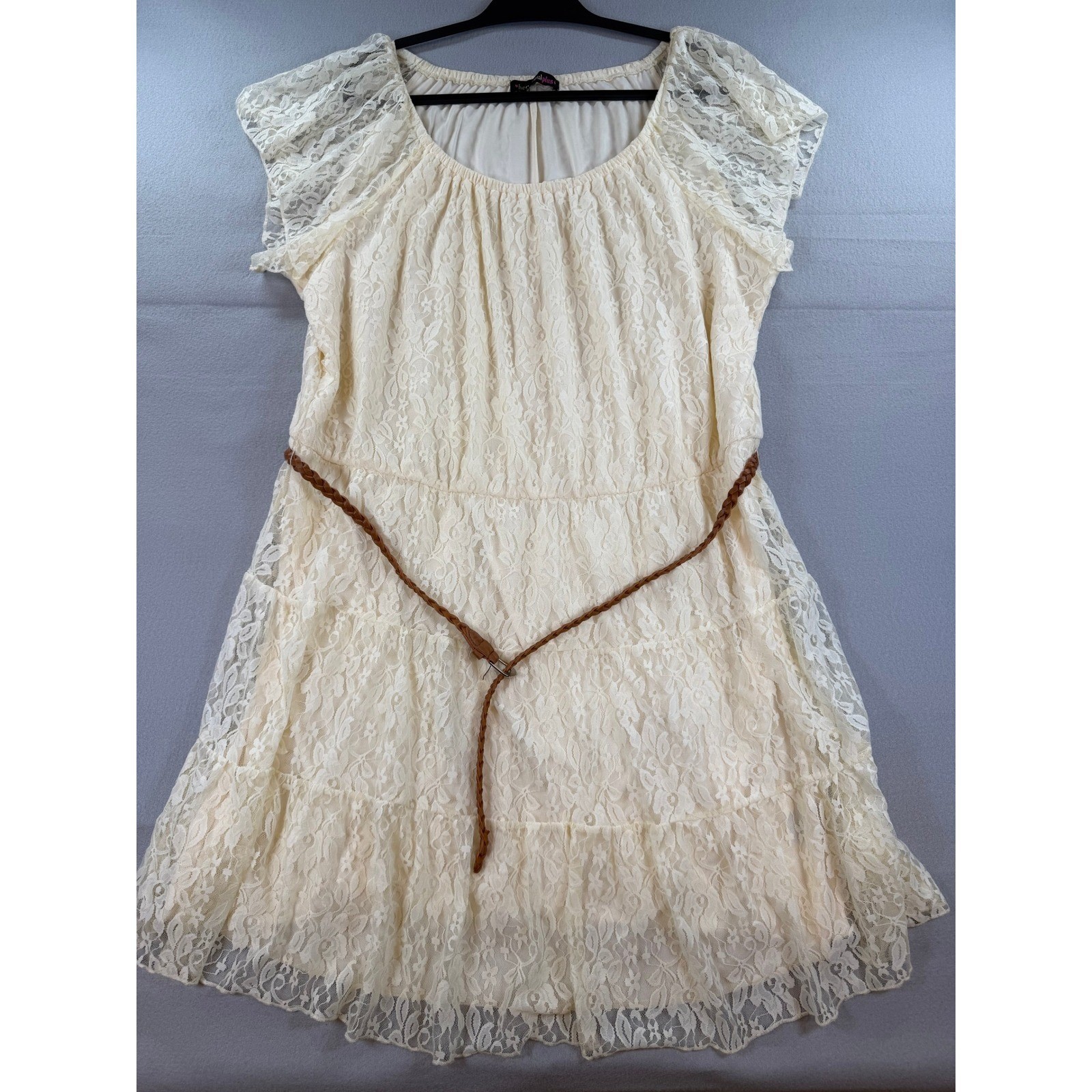 Heartsoul Plus Cream Floral Lace Tiered Dress with Braided Belt 3X Ivory Boho