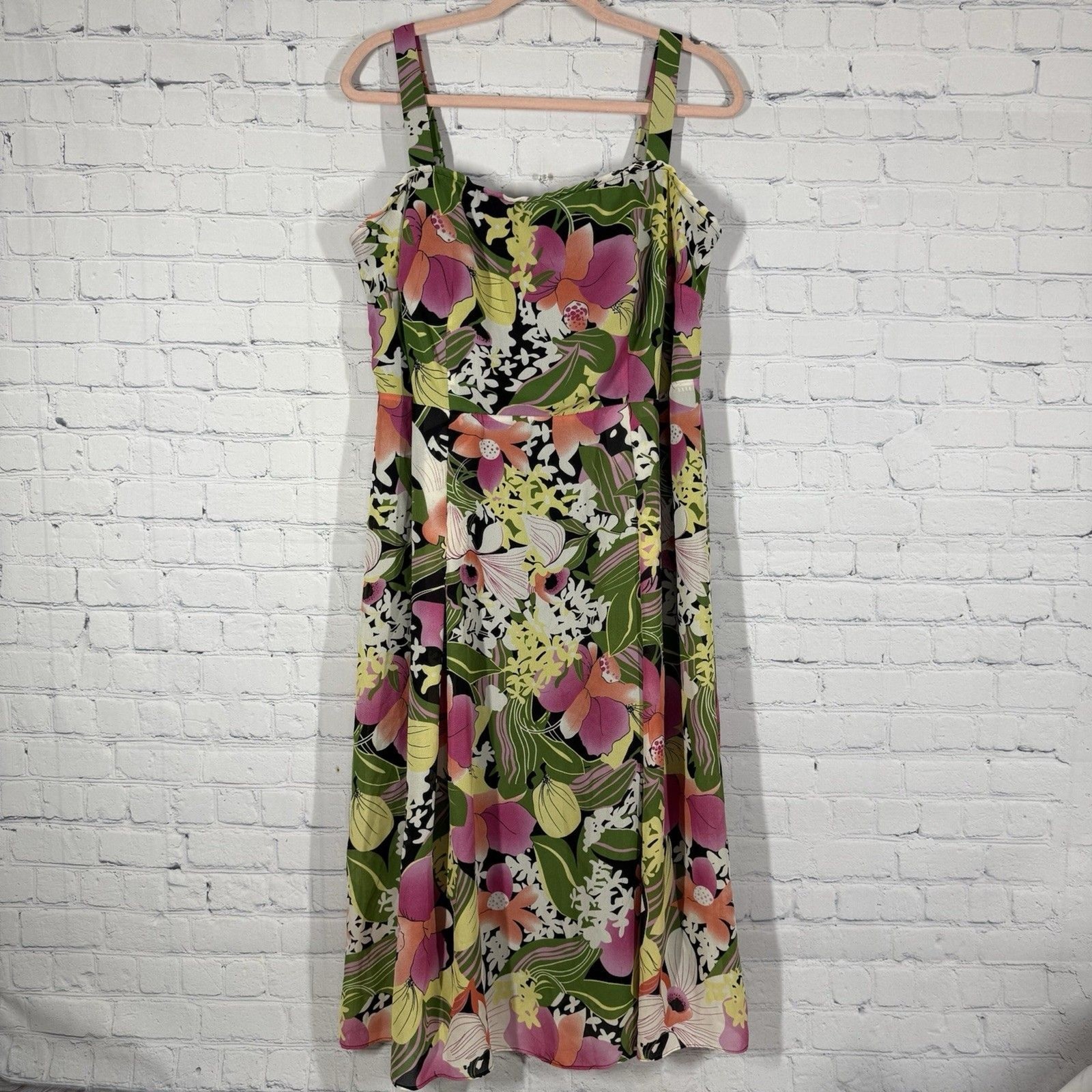 Tropical Floral Sundress Large Midi Dress Sleeveless A-Line Resort Vacation