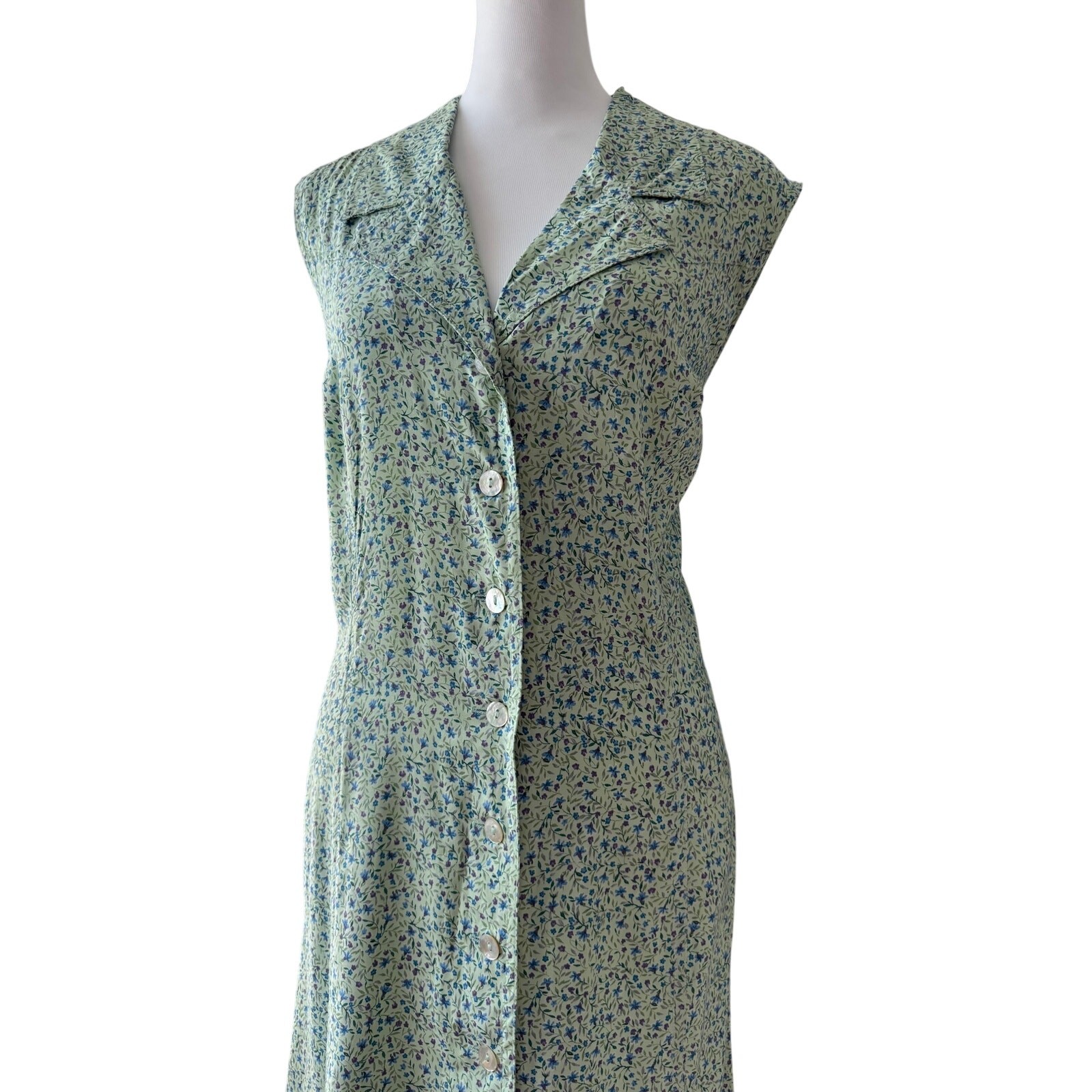 Vintage Y2K Robbie Bee Mint Green Floral Print Collared Button Front Maxi Dress