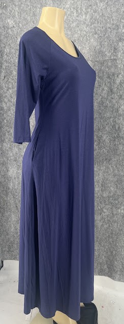 Jacansi Blue Tan M Solid Women’s 3/4 Sleeve Scoop Neck Polyester Cotton Dress