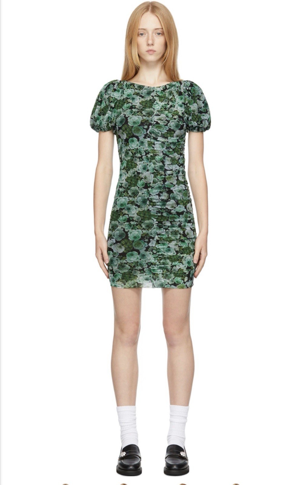 Ganni Green Floral Ruched Mesh Mini Dress Short Puff Sleeve 38