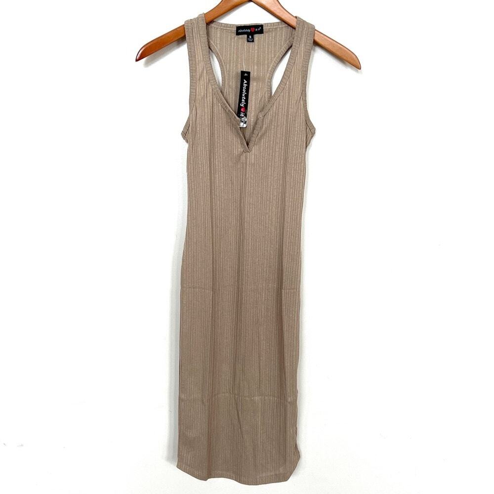 New ABSOLUTELY LOVE IT Sleeveless Split V Neck Rib Knit Bodycon Midi Dress Brown