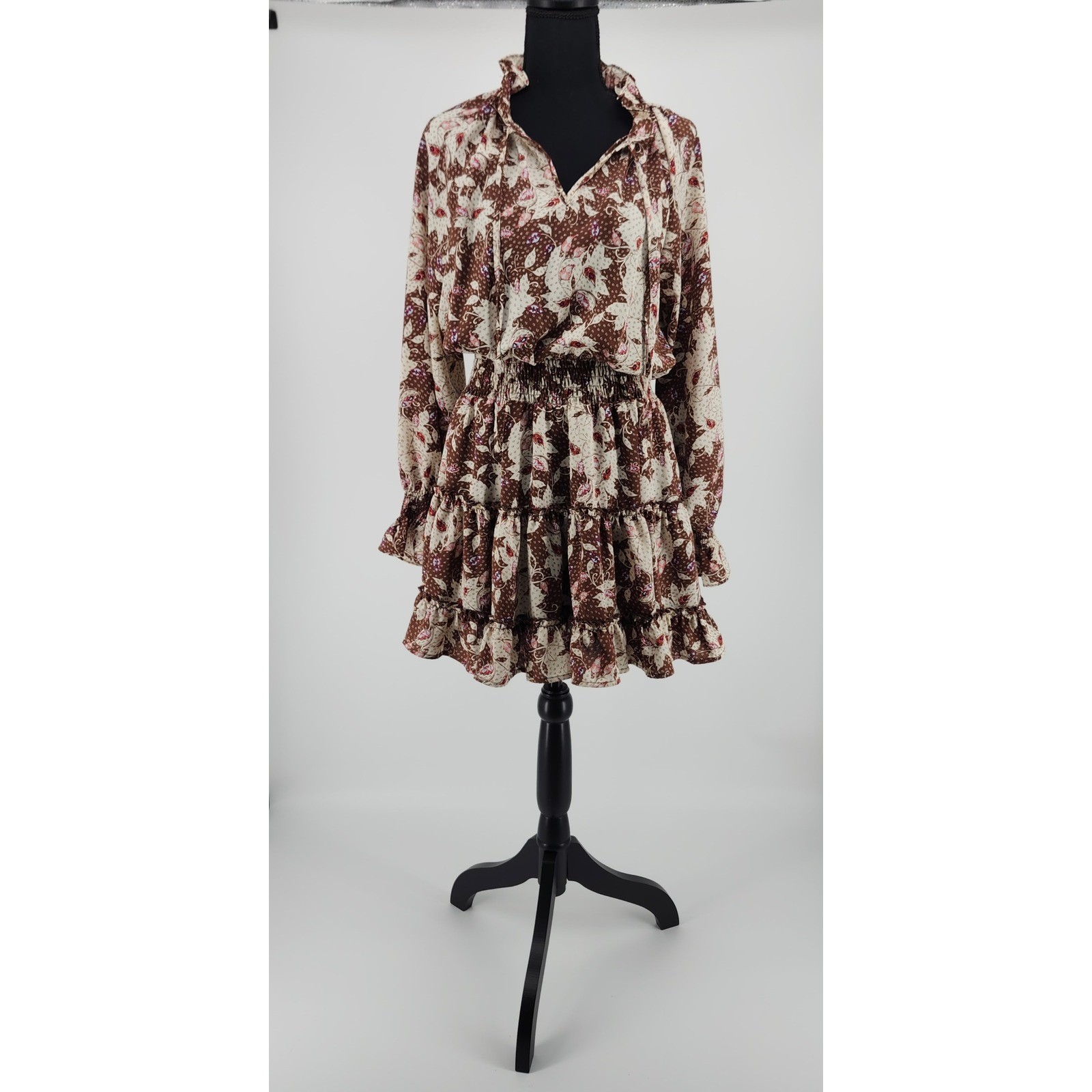 Entro Brown Floral Paisley Smocked Waist Tiered Ruffle Mini Dress Small Boho