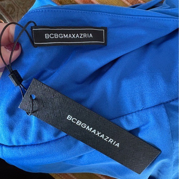 $398 NWT BCBGMaxAzria Asymmetrical Side Drape Dress in Larkspur Blue Sz 4