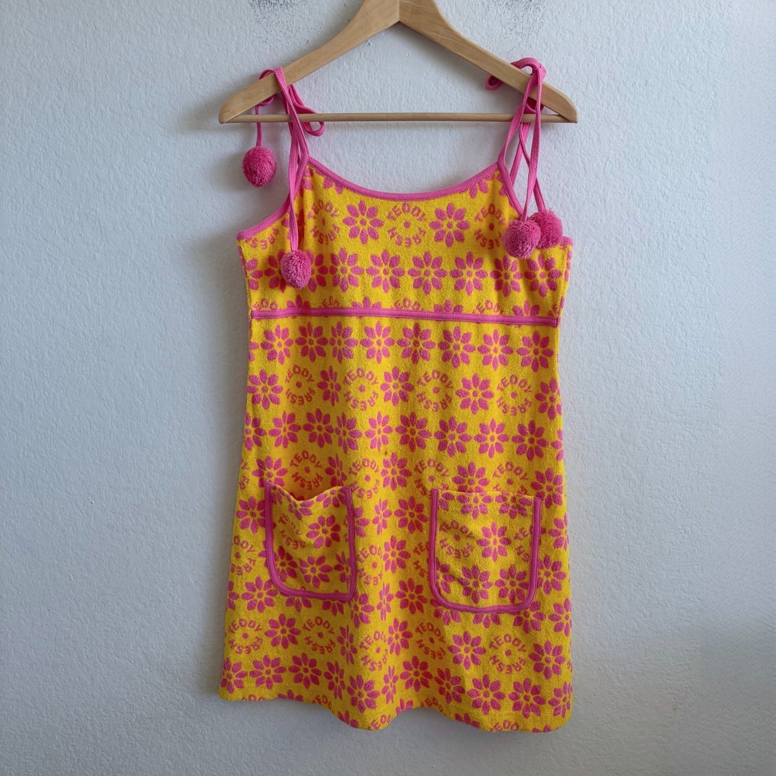 TEDDY FRESH Pom Pom Pink Terry Cloth Floral Mini Sunress Cover Up Womens Medium
