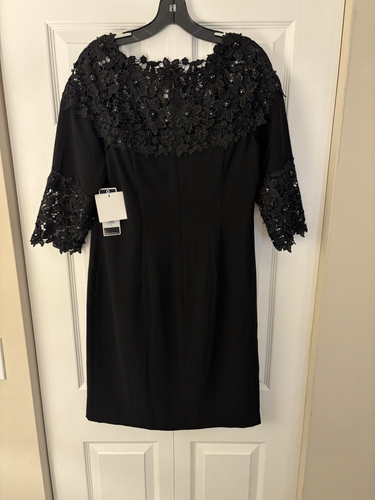 by SHANI Black Solid Lace Beaded Sheath Knee Dress 3/4 Sleeve Boat 10 S-670