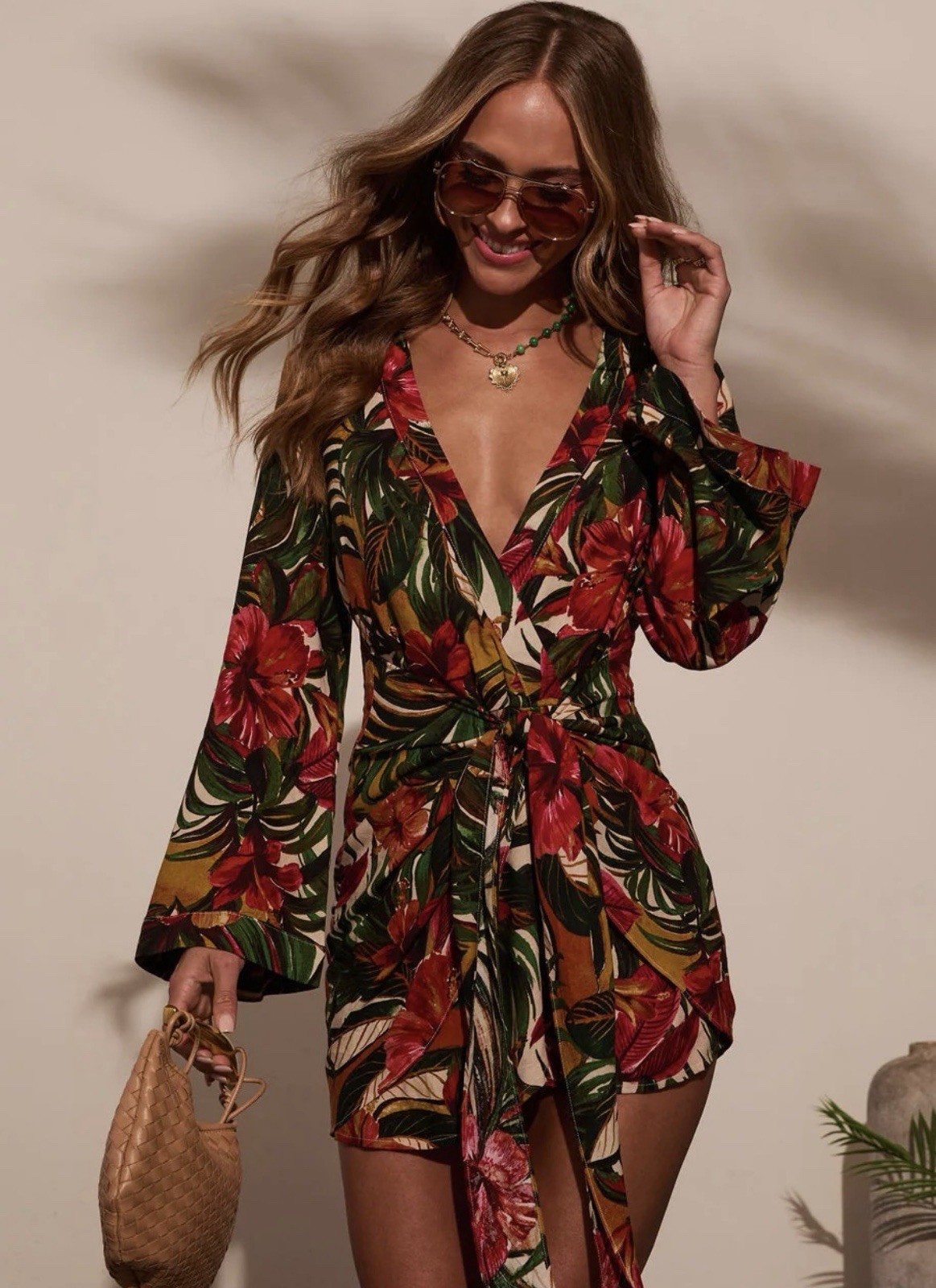 VICI Multicolor Tropical Floral V-Neck Tie Waist Romper Women L Rayon Linen