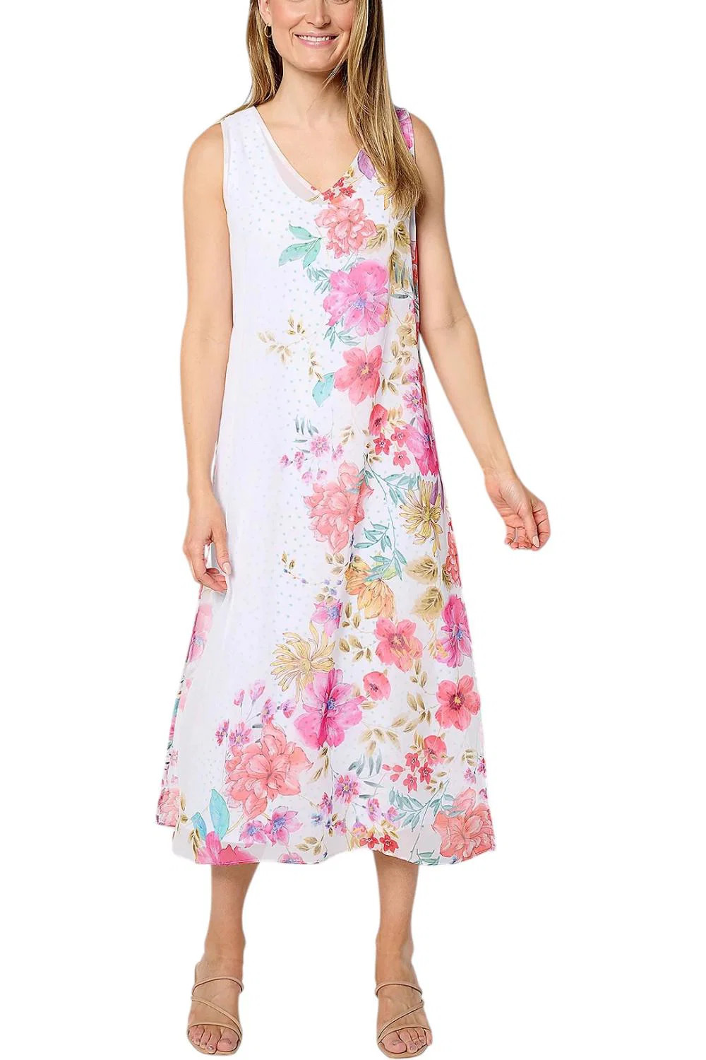 Susan Graver Women’s Printed Chiffon Overlay Midi Dress White