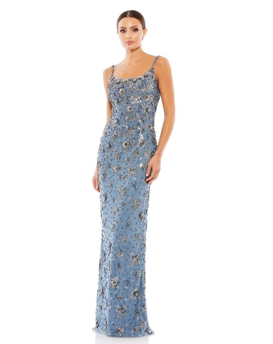 MAC DUGGAL FLORAL EMBELLISHED SCOOP NECK EVENING GOWN SIZE 4 Slate Gray $598