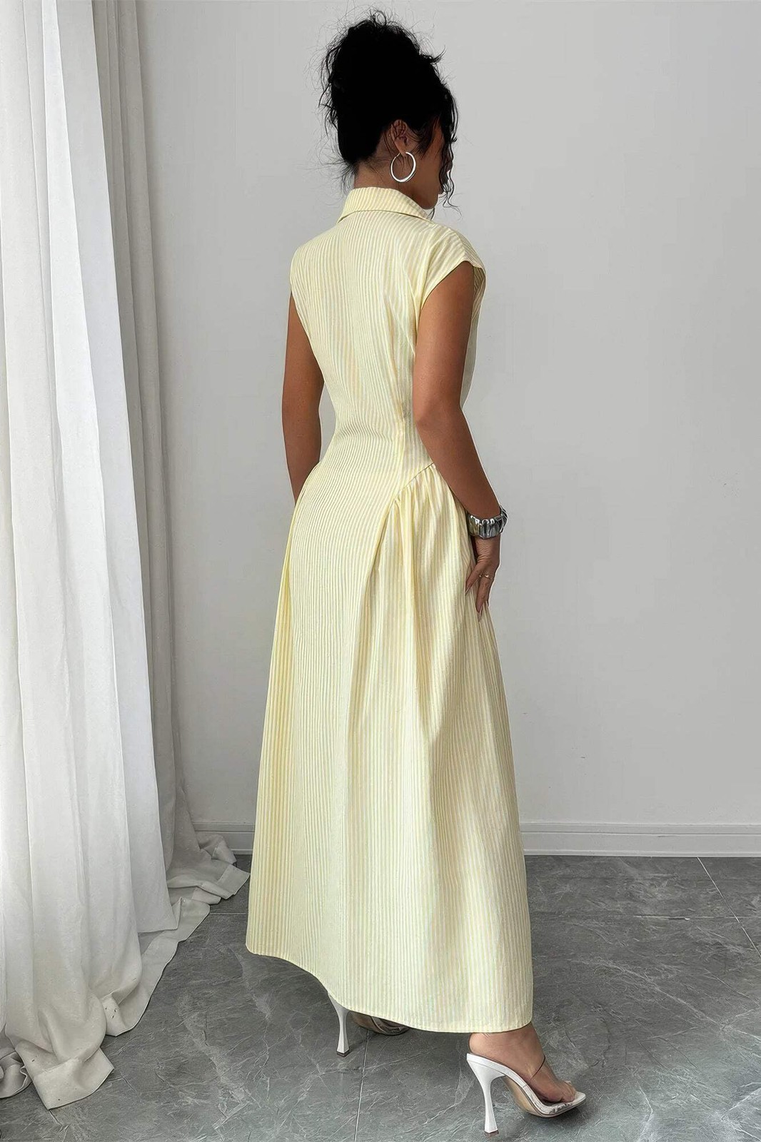 Women’s Yellow Collared Cap Sleeve Ruched Waist Striped Maxi Shirt Dress