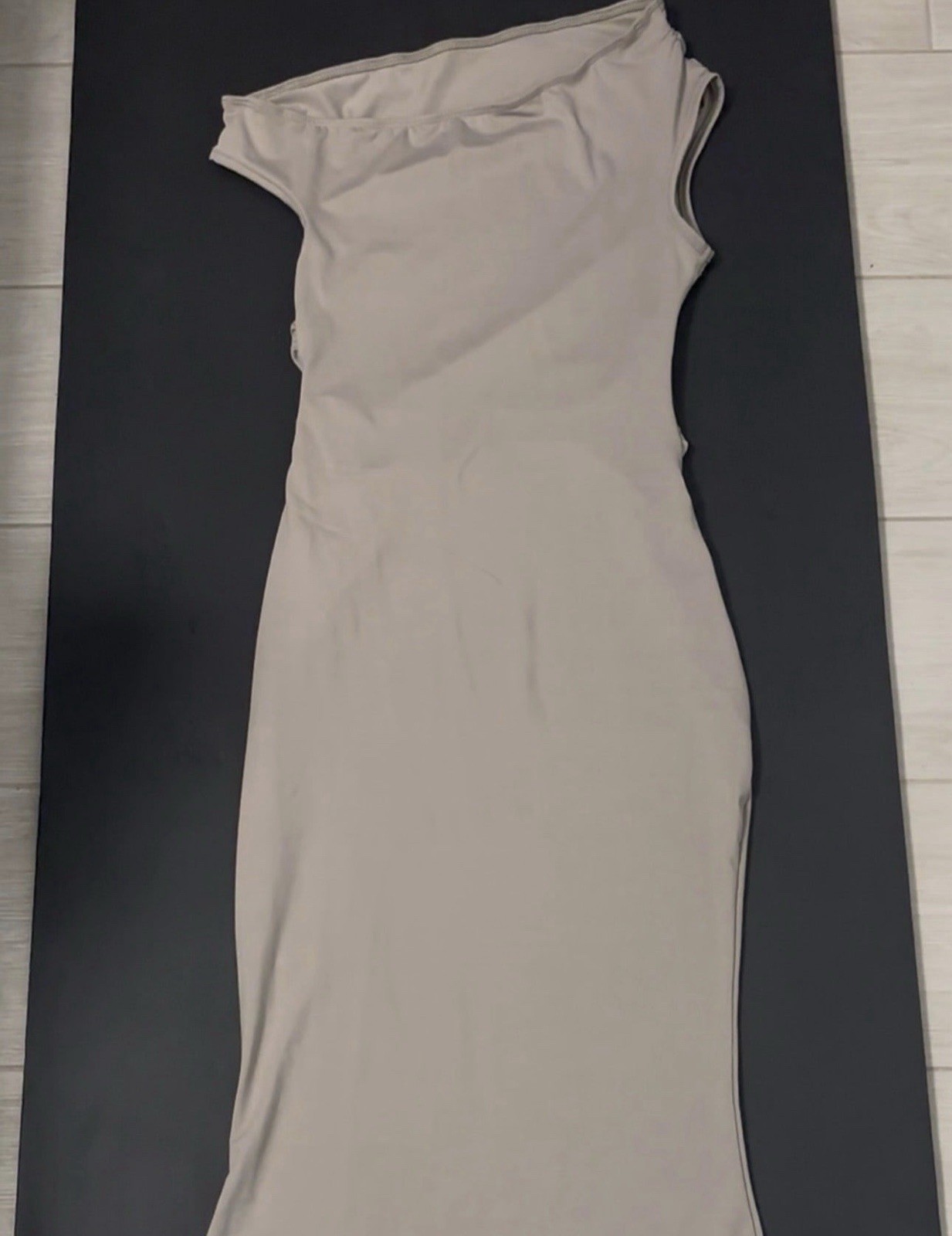 Off Shoulder Ruched Stretch Bodycon Maxi Dress, Beige Solid Jersey, Size XXS