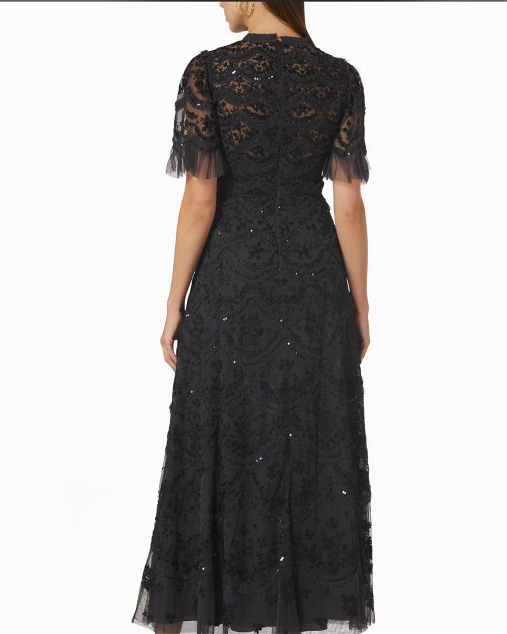 Casual Lace Applique Evening Gown with Sequins A-line High Neck Prom Ball Dress