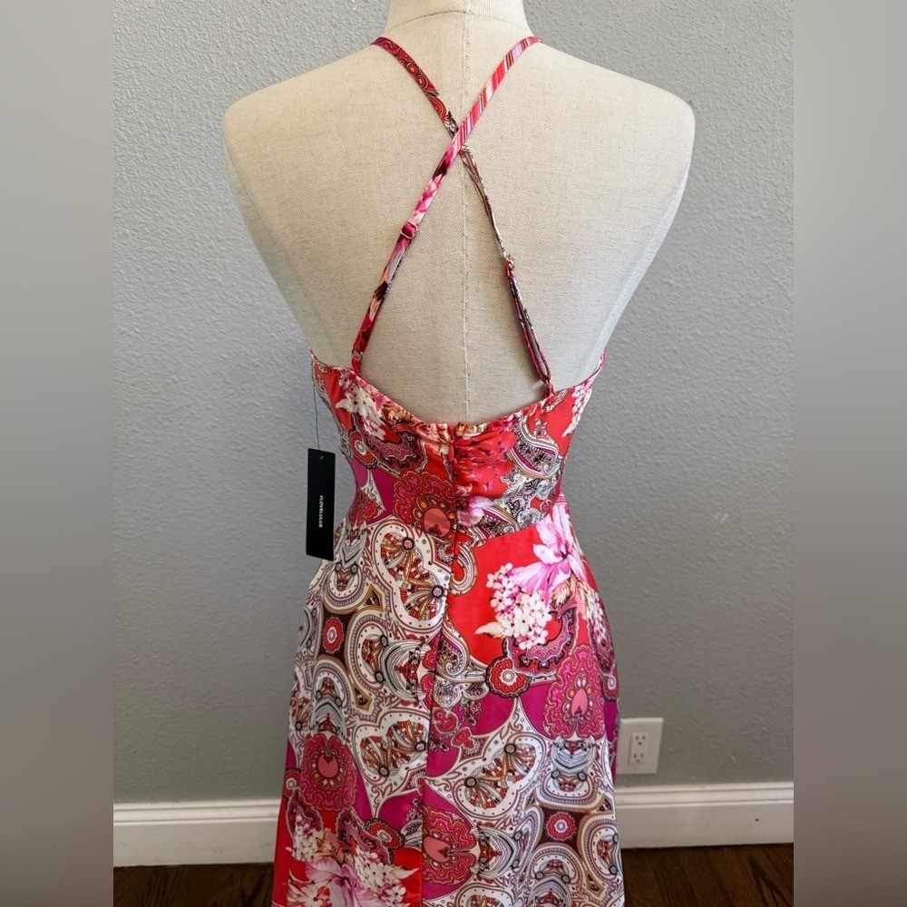 NWT Lulus Whirlwind Red Multi Scarf Print Satin Maxi Dress Size Small