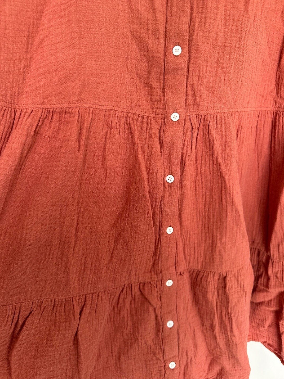 Madewell LG Orange Lightspun Cuff-Sleeve Button-Front Tiered Gauzy Mini Dress