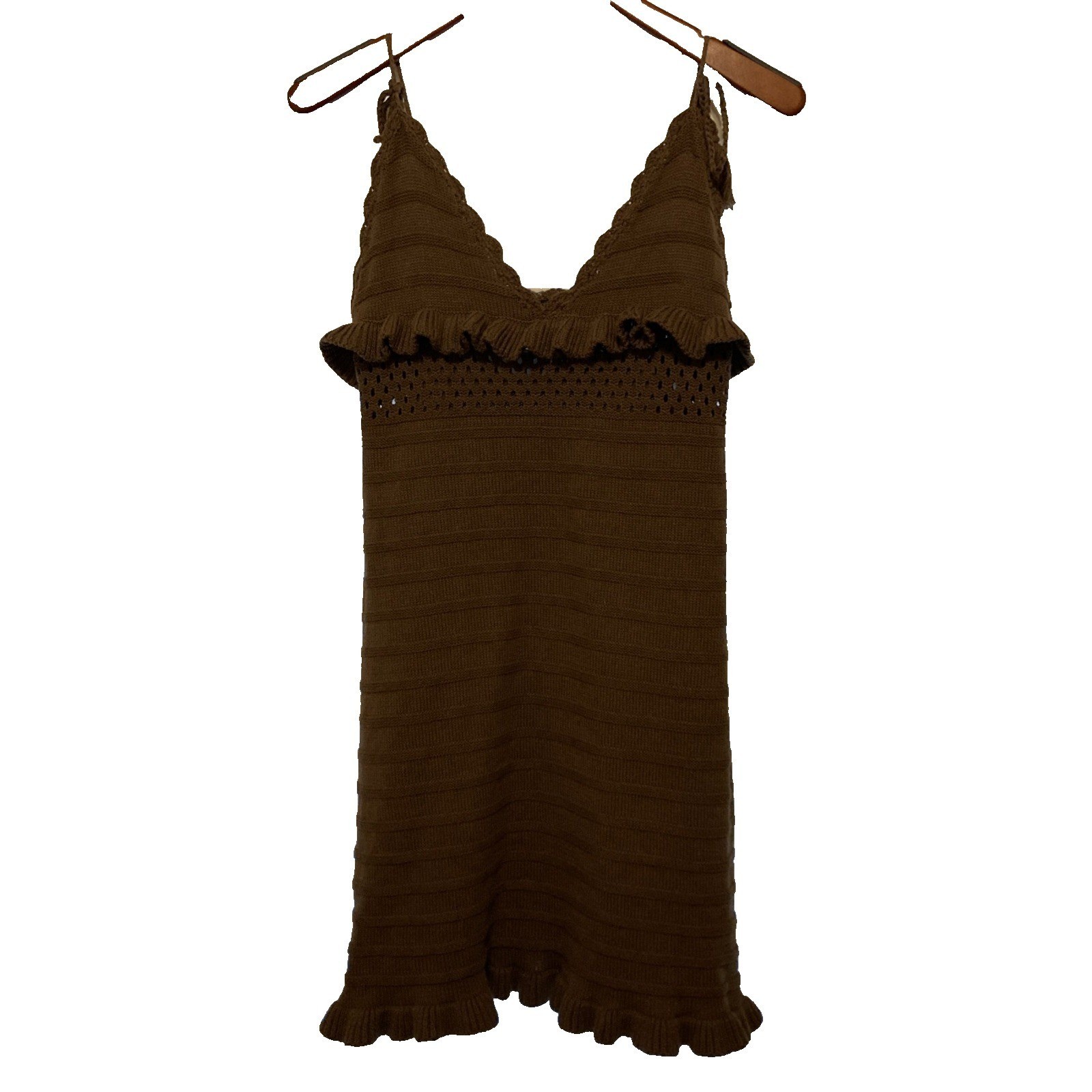 Paper moon Crochet Knit Mini Dress BrownRuffle V-Neck Tassel Straps Womens Large