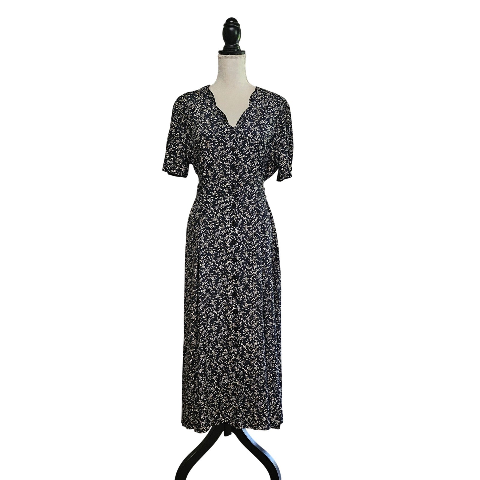 Vintage 90s Black Floral Button Front Tie-Back Midi Dress Size L Retro Grunge