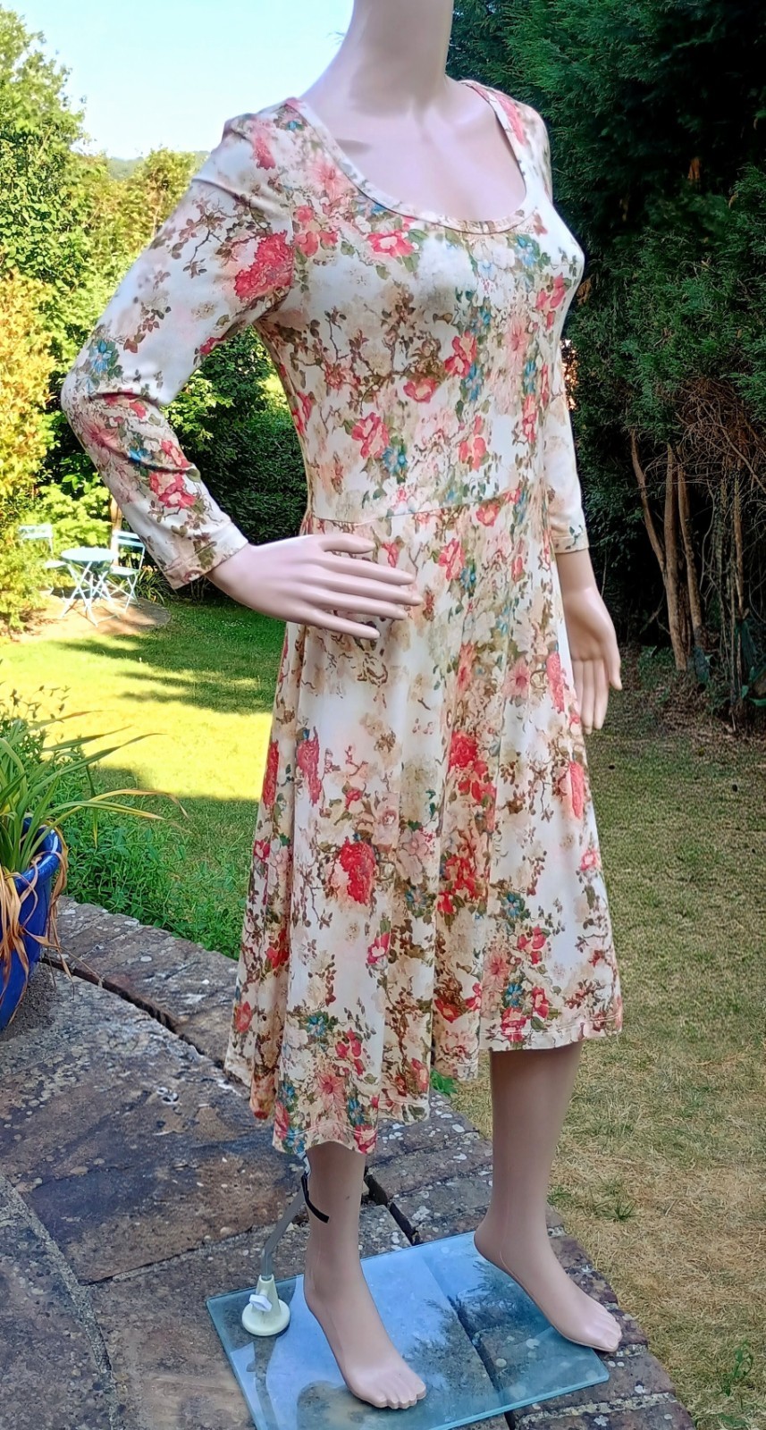 Peruvian Connection Antique Cream Vintage Floral Print Jersey Midi Dress Size S