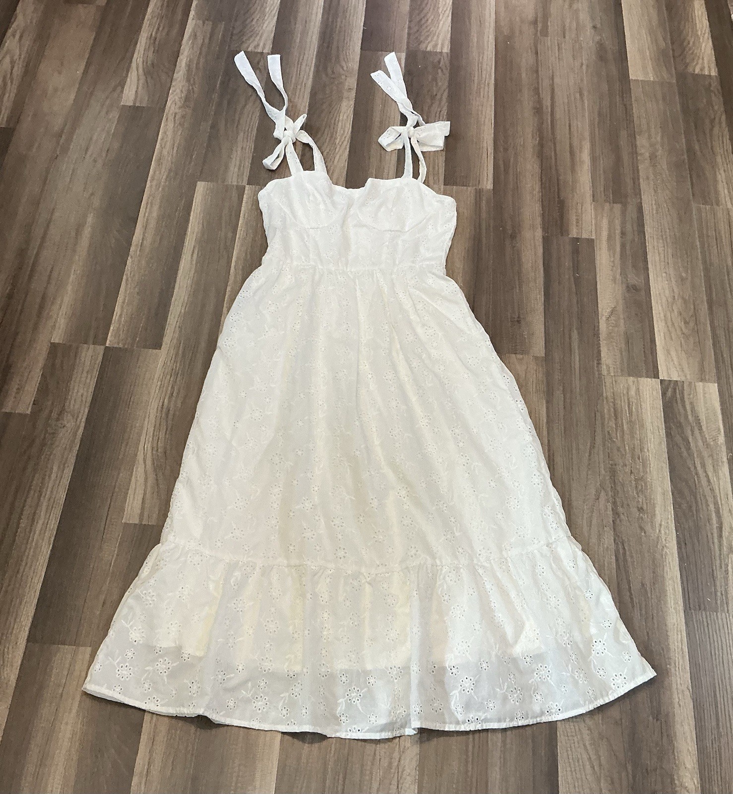 White Eyelet Ruffle Midi Sundress Tie Strap Corset M6 Coquette Boho Cottagecore