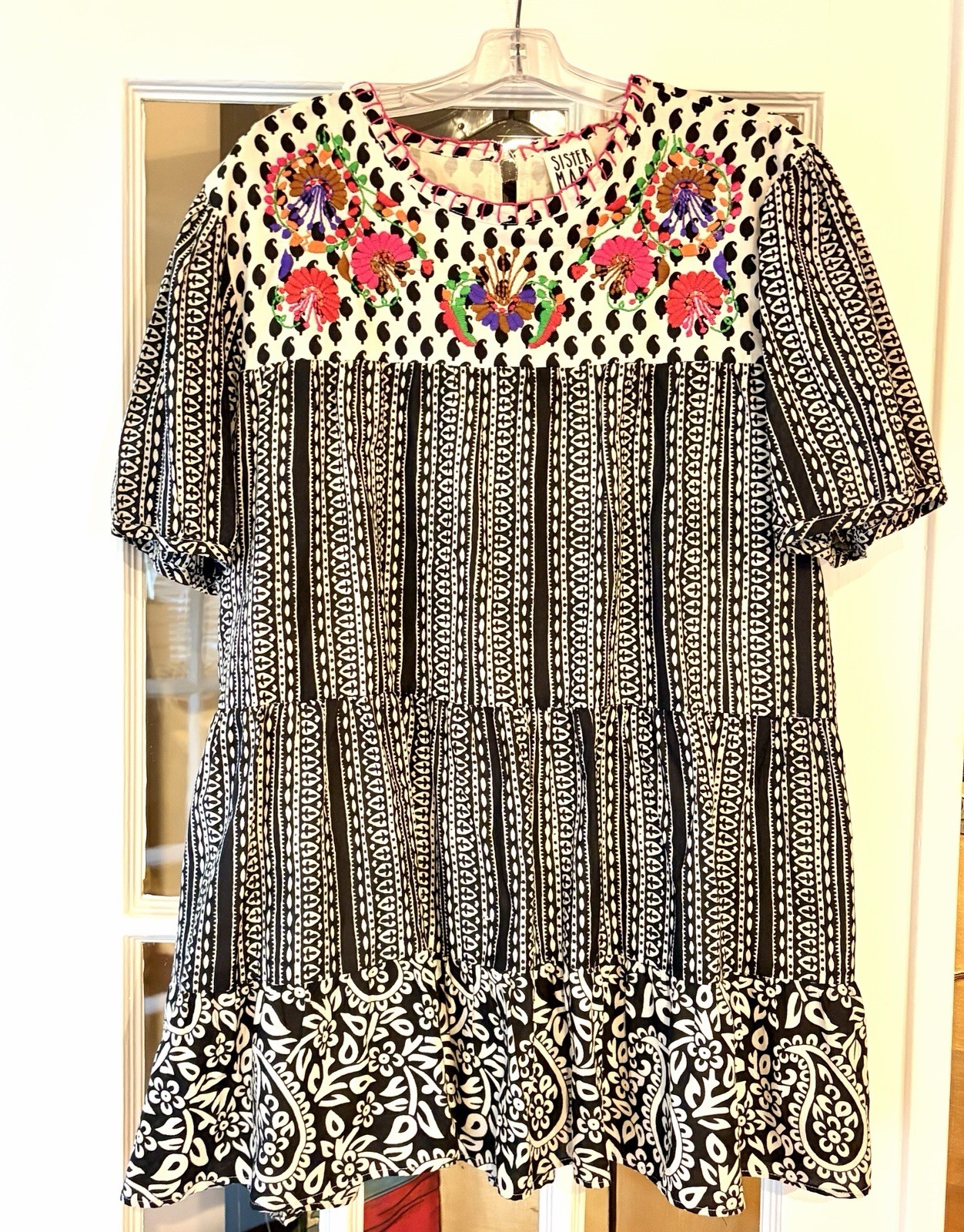 Sister Mary Babydoll Embroidered Tiered Mini Dress XL Boho Black Cream Puff Slv