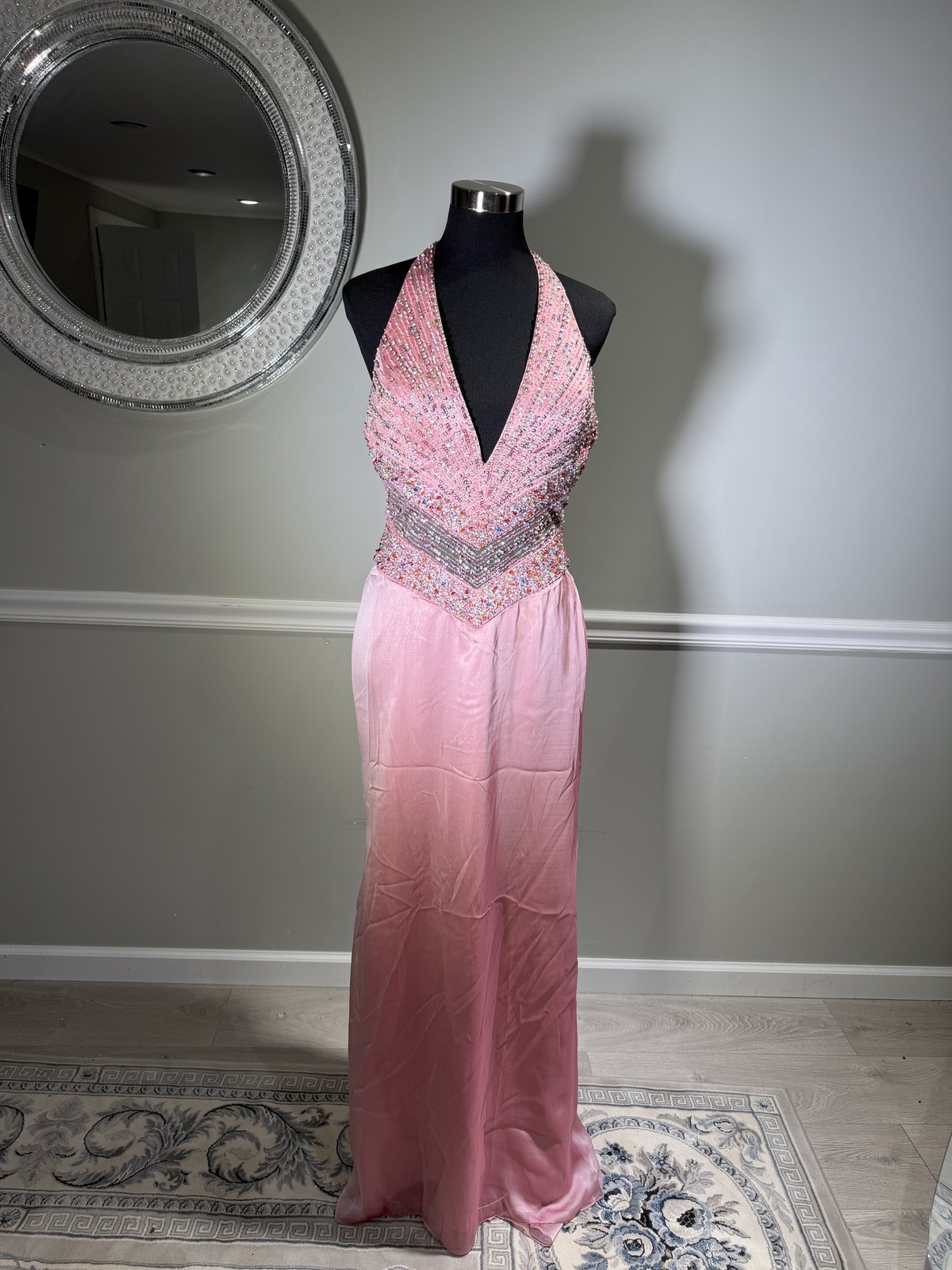 Pink Beaded Rhinestone Formal Gown Ombre Chiffon Dress Size 10 Missing Stones