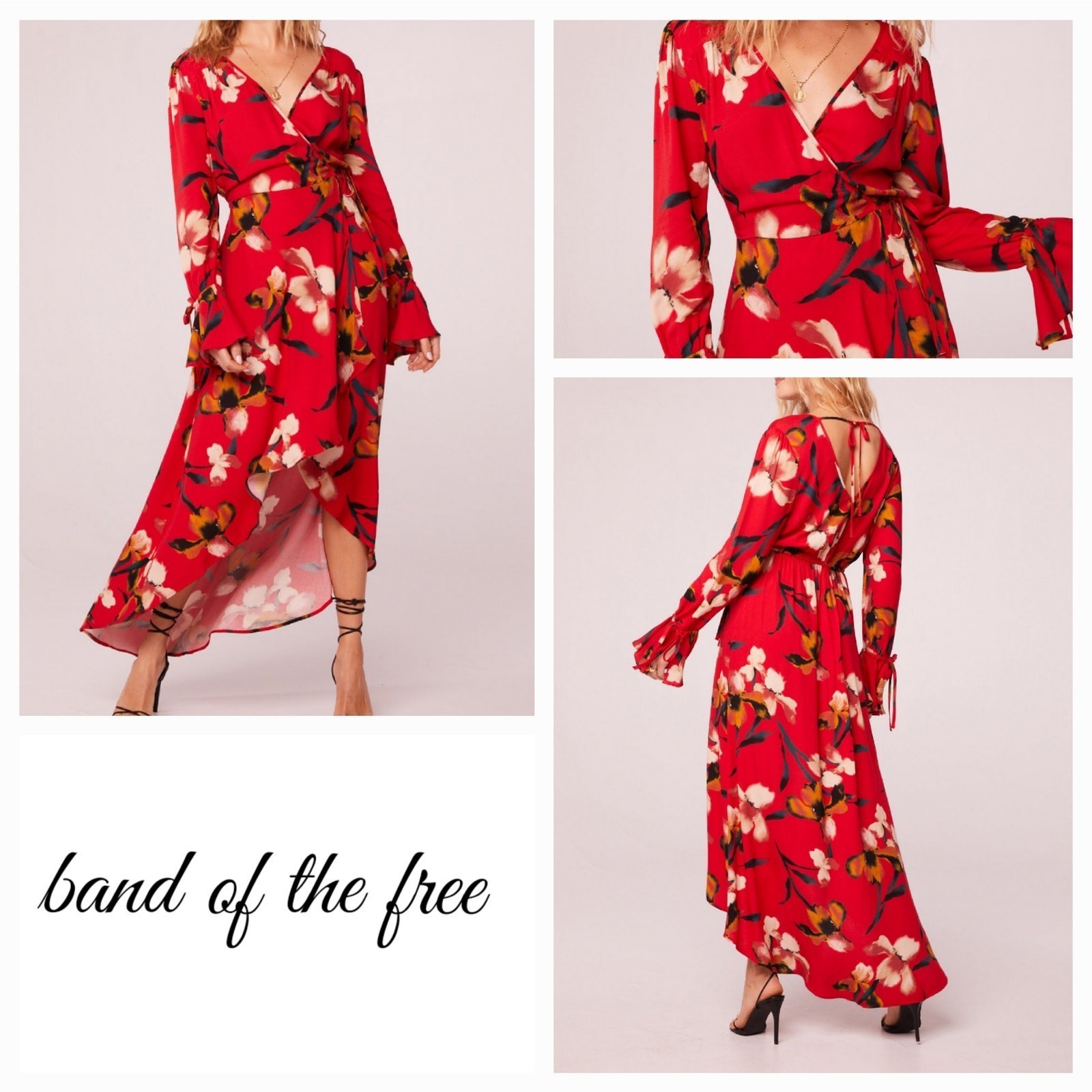Band of the Free Red Black Gold Polly Floral High Low Faux Wrap Dress Size Boho
