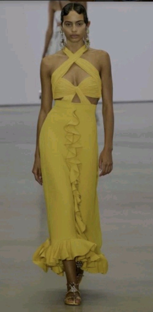 Giambattista Valli Yellow Satin Sheath Dress Sz 42 Halter Cut-Out Ruffle Zip