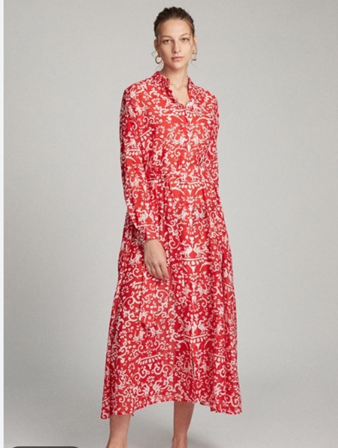 NWT SALONI Inez Floral Maxi Dress Size 8 US Red Cotton Silk Long Sleeve Paisley