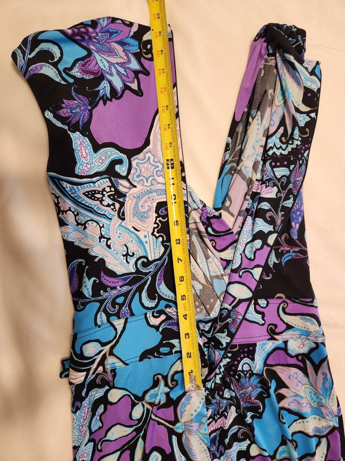 Cach’e Dress Sz-2 Blue Purple Paisley Floral w/Gold Accents Sexy Wrap Hip Buckle