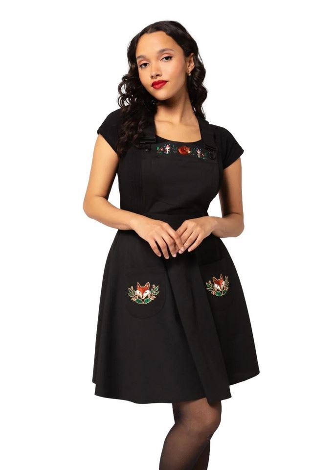 Hell Bunny Basil Dress Pinafore with Pockets Fox Embroidery Vintage Retro Style