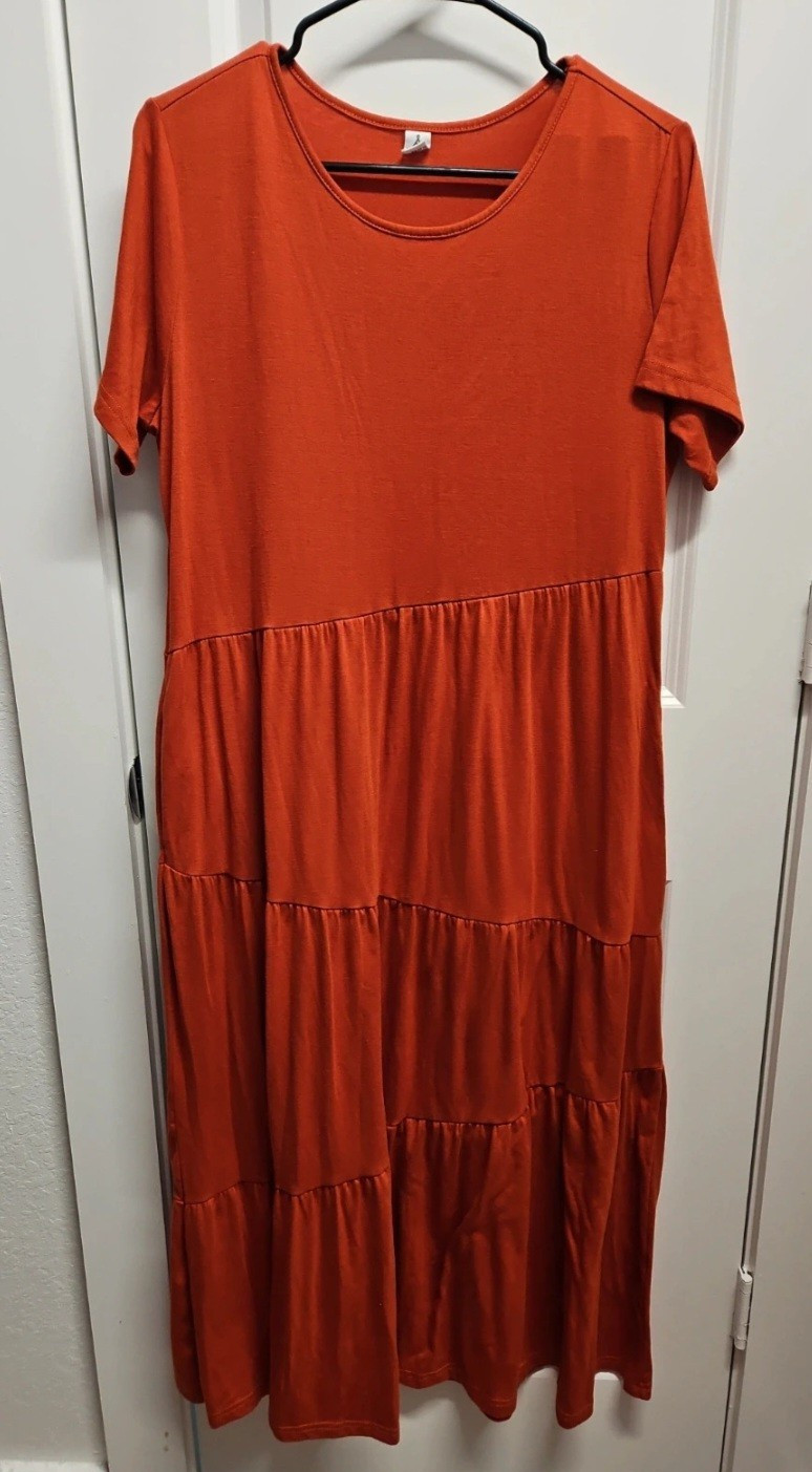 ANRABESS Orange Knit Cotton Ruffle Tiered T-Shirt Maxi Dress Women L