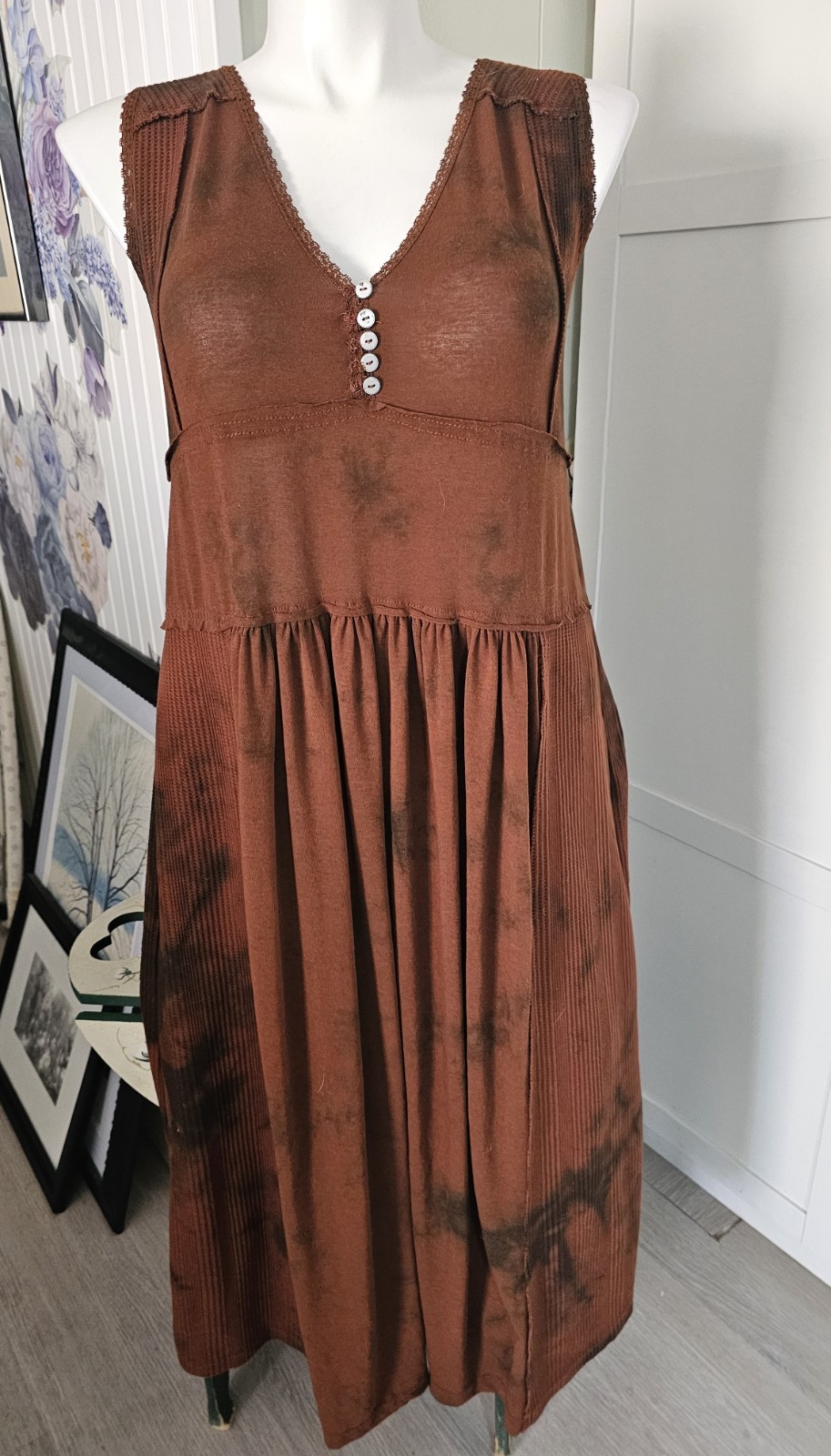 POL Clothing Babydoll Midi Maxi Oversized Brown Mineral Wash Lace Sz S Fit 12 14